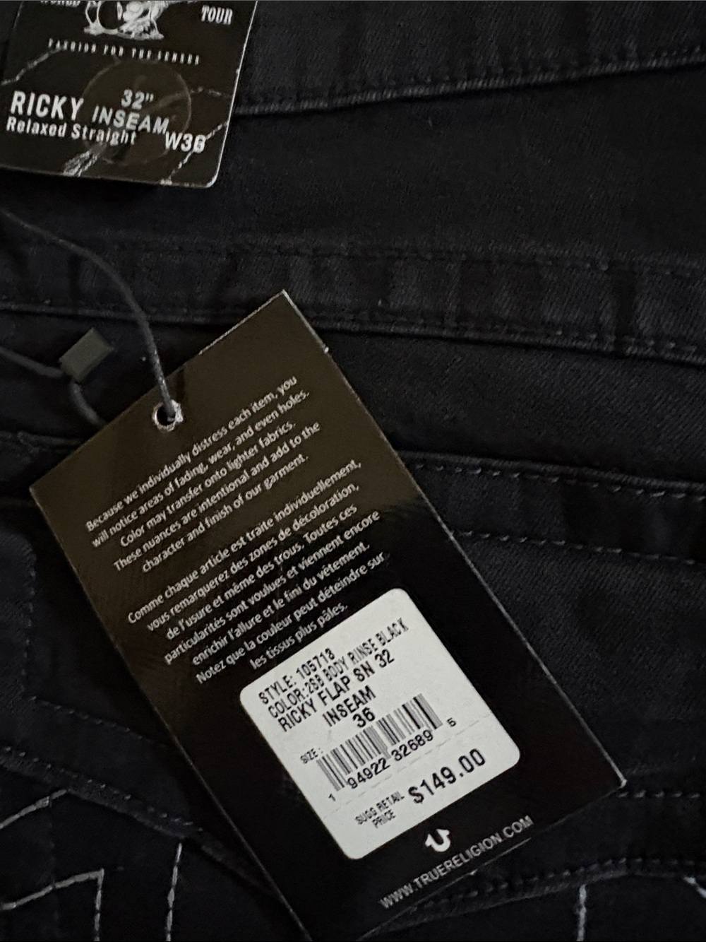 True Religion Men’s Black Straight Jeans with Flap Pocket - Picture 3 of 4